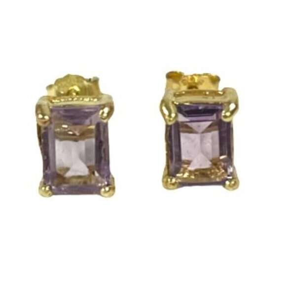 Genuine 2.48ct Emerald Cut Light Amethyst Stud Sterling Silver 14K GP Earrings - Picture 2 of 3